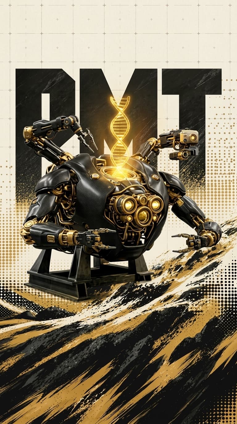 PMT görsel araştırma serisinde siyah ve altın tonlarda medikal yapay zekâ robotu konsept posteri